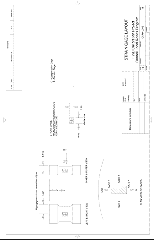 Figure 92. Illustration. CLRP-LC09 strain gauge layout. This plan sheet shows the layout and specification of Cornell Local Roads Program (CLRP)-LC09 strain gauges used in a reference load cell. Specific alignment of the strain gauges on the measuring links is also visible. This schematic is used to manufacture or specify the installation of the strain gauges on the reference load cell.