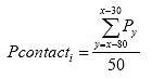 P contact sub i equals the ratio of the sum from y equals x minus 80 to x minus 30 of P sub y over 50