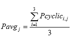 Pavg sub j equals the ratio of the sum from i equals 1 to 3 of Pcyclic sub i, j over 3