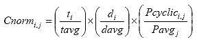 Cnorm sub i, j equals the ratio of t sub i over tavg times the ratio of d sub i over davg times the ratio of Pcyclic sub i, j over Pavg sub j