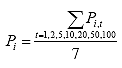 P sub i equals the ratio of the sum over t equals 1, 2, 5, 10, 20, 50, 100 of P sub i, t over 7