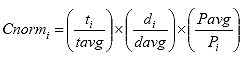 Cnorm sub i equals the ratio of t sub i over tavg times the ratio of d sub i over davg times the ratio of Pavg over P sub i