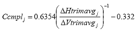 Ccmpl sub j equals 0.6354 times the ratio to the power of -1 of delta Htrimavg sub j over delta Vtrimavg sub j minus 0.332