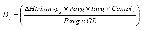 D sub j equals the ratio of delta H trimavg sub j times davg times tavg times Ccmpl sub j over Pavg times GL