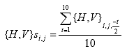 {H, V}s sub i, j equals the ratio of the sum from t equals 1 to 10 of {H, V} sub i, j, (-t over 2) over 10