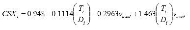 CSX sub i equals 0.948 minus 0.1114 times the ratio of T sub i over D sub i minus 0.2963 times nu sub used plus 1.463 times the ratio of T sub i over D sub i times nu sub used