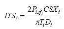 ITS sub i equals 2 times P sub i, tf sub j times CSX sub i divided by the result of pi times T sub i times D sub i