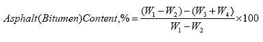 Percent asphalt bitumen content equals 100 times the ratio of the result of W sub 1 minus W sub 2 minus the result of W sub 3 plus W sub 4 over W sub 1 minus W sub 2