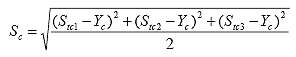 S sub c equals the square root of the ratio of the sum from i equals 1 to 3 of the square of S sub tci minus Y sub c over 2