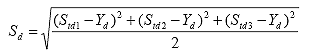 S sub d equals the square root of the ratio of the sum from i equals 1 to 3 of the square of S sub tdi minus Y sub c over 2