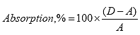 Absorption in percent equals 100 times the ratio of D minus A over A.
