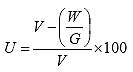 U equals the ratio of V minus the ratio of W over G over V times 100