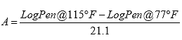A equals (log of pen at 115 degrees fahrenheit minus the log of pen at 77 degrees fahrenheit) divided by 21.1