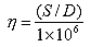 nu equals (S divided by D) divided by 1 times 10 to the sixth power