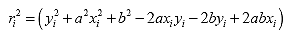 Equation 100. Equation. Squared r sub i equals the product of the following: squared y sub i plus squared a times squared x sub i plus squared b minus 2 times a times x sub i times y sub i minus 2 times b times y sub i plus 2 times a times b times x sub i.