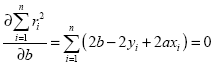 Equation 103. Equation. the partial derivative of the sum over i from 1 to n of squared r sub i with respect to b equals the sum over i from 1 to n of the product of the following: 2 times b minus 2 times y sub i plus 2 times a times x sub i, which equals 0.