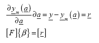 Equation 117. Equation. the partial derivative of column vector y sub m at column vector a with respect to column vector a multiplied by delta multiplied by column vector a equals the subtraction of column vector y sub m at a from column vector y, which equals column vector r.