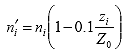 Equation 37.  Equation.  prime n sub i equals n sub i multiplied by the subtraction of 0.1 multiplied by z sub i divided by Z sub 0 from 1.