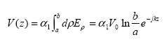 Equation 91.  Equation.  V at z equals alpha sub 1 multiplied by the integral from b to a with respect to rho multiplied by E sub rho, which equals the product of the following: alpha sub 1 times V sub 0 times the natural log of the product of b divided by a times e to the power minus j, k, and z.