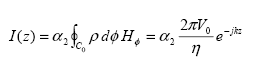 Equation 92.  Equation.  I at z equals alpha sub 2 multiplied by the contour integral around C sub 0 of rho with respect to phi multiplied by H sub phi, which equals the product of the following: alpha sub 2 times the product of 2 multiplied by pi multiplied by V sub 0 divided by eta times e to the power minus j, k, and z.