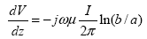 Equation 95.  Equation.  the derivative of V with respect to z equals the product of the following: minus j times omega times mu times the product of I divided by the product of 2 multiplied by pi times the natural log of the product of b divided by a.