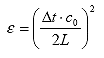 Equation 2.  Equation.  epsilon equals the squared product of delta t multiplied by c sub 0 divided by the product of 2 multiplied by L.