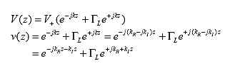 Equation 20.  Equation.  V at z equals the product of V sub plus multiplied by the sum of the exponential to the power the product of minus j multiplied by k multiplied by z and the product of gamma sub L multiplied by the exponential to the power the product of j multiplied by k multiplied by z, which equals the sum of the exponential to the power the product of minus j multiplied by k multiplied by z and the product of gamma sub L multiplied by the exponential to the power of j multiplied by k multiplied by z, which equals the sum of the exponential to the power the product of minus j multiplied by the subtraction of j multiplied by k sub I from k sub R multiplied by z and the product of gamma sub L multiplied by the exponential to the power the product of j multiplied by the subtraction of j multiplied by k sub I from k sub R multiplied by z, which equals the sum of the exponential to the power the product of minus j multiplied by k sub R multiplied by z minus the product of k sub I multiplied by z and the product of gamma sub L multiplied by the exponential to the power the product of j multiplied by k sub R plus the product of k sub I multiplied by z