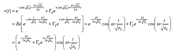 Equation 21.  Equation. v at t equals the sum of the exponential to the power the sum of minus j multiplied by omega multiplied by c multiplied by the square root of mu sub 0 multiplied by t and minus sigma multiplied by c multiplied by the square root of mu sub 0 multiplied by t divided by the product of 2 multiplied by epsilon and the product of gamma sub L multiplied by the exponential to the power the sum of j multiplied by omega multiplied by c multiplied by the square root of mu sub 0 multiplied by t and sigma multiplied by c multiplied by the square root of mu sub 0 multiplied by t divided by the product of 2 multiplied by epsilon, which equals Re of the sum of the exponential to the power the sum of minus j multiplied by omega multiplied by t divided by the square root of epsilon sub 0 and minus sigma multiplied by t divided by the product of 2 multiplied by epsilon multiplied by the square root of epsilon sub 0 and the product of gamma sub L multiplied by the exponential to the power the sum of j multiplied by omega multiplied by t divided by the square root of epsilon sub 0 and sigma multiplied by t divided by the product of 2 multiplied by epsilon multiplied by the square root of epsilon sub 0, which equals the sum of the multiplication of the exponential to the power the product of minus sigma multiplied by t divided by the product of 2 multiplied by epsilon multiplied by the square root of epsilon sub 0 by the cosine of the product of omega multiplied by t divided by the square root of epsilon sub 0 and the multiplication of the product of gamma sub L multiplied by the exponential to the power the product of sigma multiplied by t divided by the product of 2 multiplied by epsilon multiplied by the square root of epsilon sub 0 by the cosine of the product of omega multiplied by t divided by the square root of epsilon sub 0, which equals the product of the sum of the exponential to the power of the product of minus sigma multiplied by t divided by the product of 2 multiplied by epsilon multiplied by the square root of epsilon sub 0 and gamma sub L multiplied by the exponential to the power of sigma multiplied by t divided by the product of 2 multiplied by epsilon multiplied by the square root of epsilon sub 0 and the cosine of the product of omega multiplied by t divided by the square root of epsilon sub 0.