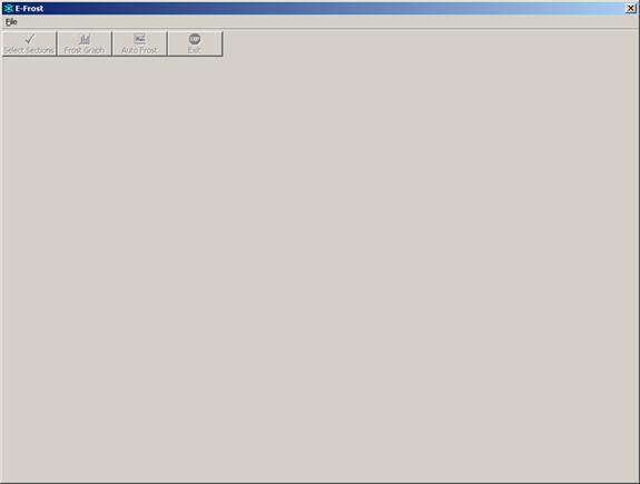 This picture shows the opening screen in the computer program E-FROST. The screen consists of a mostly blank rectangular form with a file menu and inactive tool buttons in the top left corner of the interface.