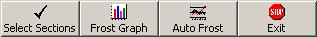 This figure shows the four tool buttons that are available for use in E-FROST. From left to right, the buttons read Select Sections, Frost Graph, AutoFrost, and Exit. Each button has a graphic associated with it. The "Select Sections" button includes a picture of a check mark, the "Frost Graph" button includes a picture of a bar graph, the "AutoFrost" button includes a picture of an x-y plot, and the "Exit button" includes a picture of a stop sign.