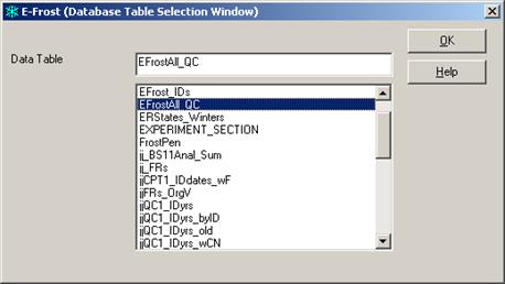 This figure is a screenshot of the E-FROST analysis table selection window. The upper left-hand side of the form reads, "Data Table." The upper middle of the form contains text box that includes the name of the selected file, which is "EFrostALL_QC" in this particular example. Directly below the text box containing the selected table, there is a list of all tables that are part of the selected database. To the right of the text box containing the selected table there are an "OK" button and a "Help" button.