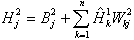 Equation 104. Definition of vector H for the value of the nodes at the second hidden layer. H superscript 2 subscript j equals B superscript 2 subscript j plus the summation from k equals 1 to n of the product of H hat superscript 1 subscript k and matrix W for W superscript 2 subscript kj.