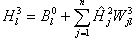 Equation 106. Definition of vector H for the value of output node. H superscript 3 subscript l equals B superscript 0 subscript l plus the summation from j equals 1 to n of the product of vector H hat for H hat superscript 2 subscript j and matrix W for W superscript 3 subscript jl.