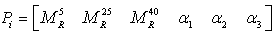 Equation 114. Input variable vector for resilient modulus based model in terms of mixture properties. P subscript i equals 1x6 vector where the vector element is equal to parenthesis M superscript 5subscript R, M superscript 25 subscript R, M superscript 40 subscript R, alpha subscript 1, alpha subscript 2, and alpha subscript 3 end parenthesis.