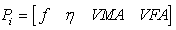 Equation 116. Input variable vector for viscosity based model in terms of binder and mixture properties. P subscript i equals 1x4 vector where the vector element is equal to parenthesis f, eta, VMA, and VFA end parenthesis.