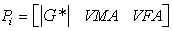 Equation 118. Input variable vector for binder shear modulus based model in terms of binder and mixture properties. i, P subscript i equals to 1x3 vector, where the vector element is equal to parenthesis vertical line G superscript star vertical line, VMA, and VFA end parenthesis.