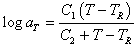 Equation 122. WLF model for prediction of time temperature shift factor for level 1. The logarithmic base 10 of a subscript T equals the product of C subscript 1 times parenthesis T minus T subscript R end parenthesis divided by the sum of C subscript 2 plus the difference between T minus T subscript R.