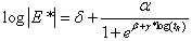 Equation 124. Sigmoidal function for prediction of dynamic modulus. The logarithm base 10 of vertical line E superscript star vertical line equals delta plus alpha divided by the sum of 1 plus the exponential of the sum of superscript beta plus gamma times the logarithmic base 10 of the inverse of parenthesis t subscript R end parenthesis.