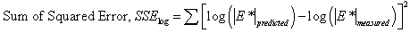 Equation 17. Calculation of sum of squared error in logarithmic scale. The sum of squared error, SSE subscript log equals the summation from i equals 1 to the total number of observations, n, of bracket the difference between the logarithmic base 10 parenthesis vertical line E superscript star vertical line subscript predicted end parenthesis minus logarithmic base 10 parenthesis vertical line E superscript star vertical line subscript measured end parenthesis, end bracket squared.