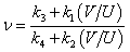 Equation 21. Calculation of Poisson's ratio. Nu equals the quotient of the sum of k subscript 3 plus k subscript 1 times parenthesis V divided by U end parenthesis divided by the sum of k subscript 4 plus k subscript 2 times parenthesis V divided by U end parenthesis.