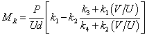 Equation 22. Calculation of resilient modulus based on the linear elastic solution. M subscript R equals the quotient of P divided by U times d times bracket k subscript 1 minus k subscript 2 times the quotient of the sum of k subscript 3 plus k subscript 1 times parenthesis V divided by U end parenthesis divided by the sum of k subscript 4 plus k subscript 2 times parenthesis V divided by U end parenthesis, end bracket.