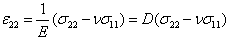 Equation 24. The generalized Hook's law for the stress–strain relationship. Epsilon subscript 22 equals 1 divided by E times parenthesis the difference between sigma subscript 22 minus nu times sigma subscript 11 end parenthesis equals D parenthesis the difference between sigma subscript 22 minus nu times sigma subscript 11 end parenthesis.