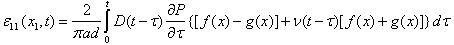 Equation 31. The linear viscoelastic relationship for calculation of horizontal strain. Epsilon subscript 11 parenthesis x subscript 1, t end parenthesis equals the quotient of 2 divided by pi times a times d, all multiplied by D as a function of parenthesis t minus tau end parenthesis times P with tau times parenthesis the difference between bracket f parenthesis x end parenthesis minus g parenthesis x end parenthesis end bracket plus nu times parenthesis t minus tau end parenthesis times the sum of bracket f parenthesis x end parenthesis plus g parenthesis x end parenthesis, end bracket with integration between zero and t with time, tau.