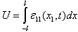 Equation 33. Calculation of horizontal displacement at the gauge length. U equals the integral of x subscript 1 and t, with integration between −l and l, epsilon subscript 11 times parenthesis x subscript 1 and t end parenthesis times dx.