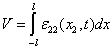 Equation 34. Calculation of horizontal displacement at the gauge length. V equals the integral of x subscript 2 and t, with integration between −l and l, epsilon subscript 22 times parenthesis x subscript 2 and t end parenthesis times dx.