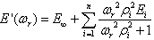 Equation 40. Calculation of storage modulus as a function of angular reduced frequency. E superscript apostrophe times parenthesis omega subscript r end parenthesis equals the sum of E subscript infinity and the summation from i equals 1 to n, of the quotient of the product of omega subscript r, squared times rho subscript i, squared times E subscript i all divided by omega subscript r, squared times rho subscript I, squared plus 1.