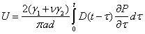 Equation 44. Convolution integral for recoverable horizontal displacement. U equals the product of 2 times parenthesis gamma subscript 1 plus nu times gamma subscript 2 end parenthesis divided by the product of pi times a times d, all multiplied by D times parenthesis t minus tau end parenthesis times the derivative of P divided by tau times d times tau, with integration between zero and t.