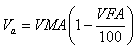 Equation 49. Calculation of air void. V subscript a equals VMA times parenthesis 1 minus VFA divided by 100 end parenthesis.