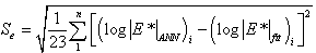 Equation 53. Calculation of standard error. S subscript e equals the square root of the summation from i equals 1 to n of the difference between bracket parenthesis logarithmic base 10 of vertical line E superscript star vertical line subscript ANN end parenthesis subscript i minus parenthesis logarithmic base 10 of vertical line E superscript star vertical line subscript fit end parenthesis subscript i, end bracket, squared, divided by 23.