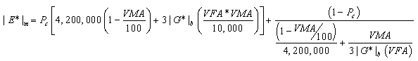 Equation 6. Hirsch model for predicting dynamic modulus of hot mix asphalt concrete. Vertical line E superscript star vertical line subscript m equals the product of P subscript c bracket 4,200,000 times the difference of parenthesis 1 minus VMA divided by 100 end parenthesis plus 3 times vertical line G superscript star vertical line subscript b times the product of parenthesis VFA times VMA divided by 10,000 end parenthesis end bracket plus the quotient of parenthesis 1 minus P subscript c end parenthesis divided by the quotient of parenthesis the difference between 1 minus VMA divided by 100 end parenthesis divided by 4,200,000 plus the quotient of VMA divided by 3 times vertical line G superscript star vertical line subscript b times parenthesis VFA end parenthesis.